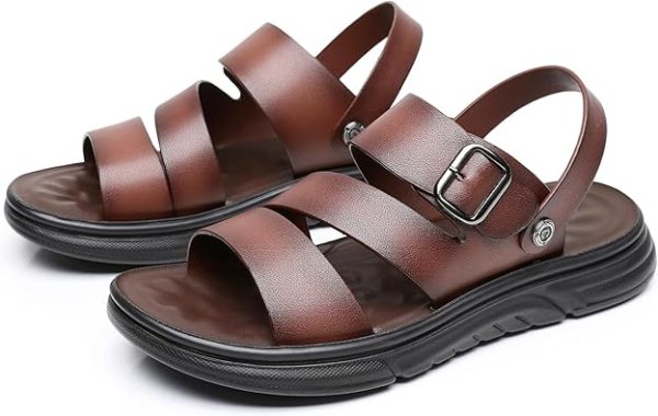 Finishing & Sewing Men's Leather Comfort Beach Sandals with Adjustable Buckle Strap - Image 2